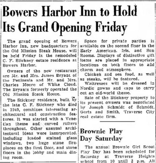 Peninsula Room (Bowers Harbor Inn) - May 1959 Bryant Family Takes Over